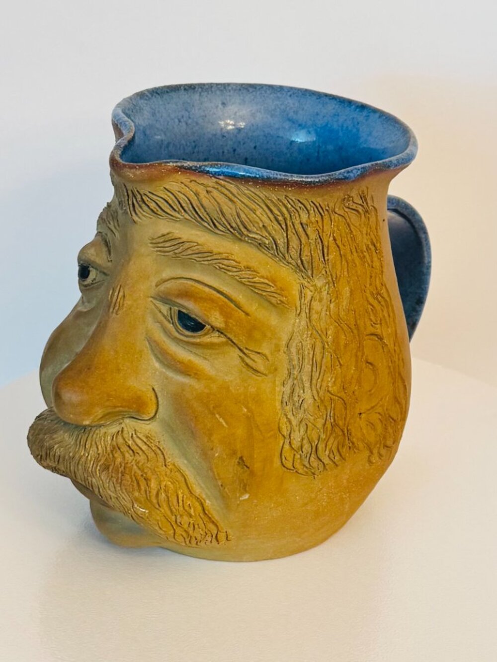 A&A Studio Pottery 3D Face Stoneware 8.5" Pitcher Tan Blue Signed